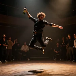 a man boisterously dancing around the room by himself holding an empty bottle jumps in the air, dramatic lighting, award-winning photo UHD, 4K