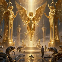 Prey upon and gain power through granting wishes to other beings, golden age seraph bunkers, celestial regulator, art by Ryan Barger and Richard Kane Ferguson, high detail, cinematic, cgsociety 8k