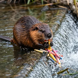 beavers in a river building a dam out of crayons, HD nature photography