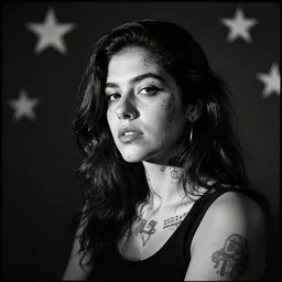 beautiful young latino woman with gutterpunk pen ink face tattoos at golden hour, black & white, stars in background, cinematic diane arbus, leica s, 5 0 mm, fuji 8 0 0, grainy, low light