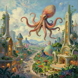 multiversal otherworldly realm with flying mecha octopus with chic streets and shops and lush volcanic garden and intricate luxurious scifi homes, allegorical style, by peter mohrbacher, jeremy mann, francoise nielly, van gogh, ross tran, beautiful, award winning scenery