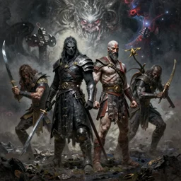 an ultra detailed matte landscape painting of the hunter from bloodborne standing next to kratos from god of war, two antiheros killing the great ones, epic fantasy, grimdark realism, cosmic horror, crossover space, ultrawide lens, intricate, highly detailed, digital painting, artstation, concept art, sharp focus, octane render, art by greg rutkowski and rembrandt, 8 k