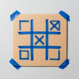 a photo of a piece of cardboard with tic tac toe on it made of blue tape, gray background