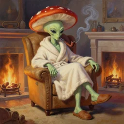 painting of a mushroom alien sitting in a recliner by the fire smoking a pipe and wearing a soft robe and slippers, elegant intricate digital painting, trending on artstation, by normal rockwell