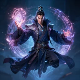 Portrait of the handsome futuristic cyberpunk wizard hero levitating majestically with glowing magic rune aura in his hands. Photorealistic, ultra high resolution, intricate details, ILM