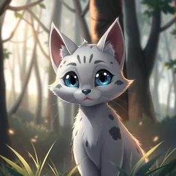 a portrait of a light gray cat with dark gray specks and blue eyes in the forest, trending on artstation, trending on furaffinity, digital art, by kawacy, anime, furry art, warm light, backlighting, cartoon, concept art
