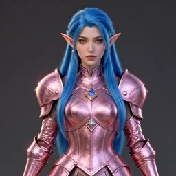 a beautiful and highly detailed digital portrait of a dignified elf with long blue hair in rose gold armor by artgerm and nina tryggvadottir, centered, artsation contest winner, cgsociety, fantasy art, cryengine, concept art, photorealism, daz 3 d, sketchfab, zbrush, vray