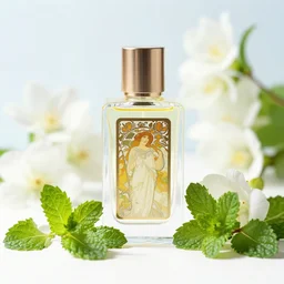 perfume bottle surrounded by white flowers and mint leaves, bright colorful, zen, minimalist, sunny environment, highly detailed, realistic, up close shot shinji aramaki, karol bak, alphonse mucha