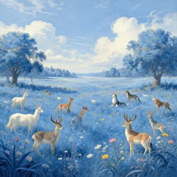 Miltonian Homeric idyllic azure meadow sunny weather heaven of animals, detailed, intricate, masterpiece, coherent, aesthetic, 8k resolution