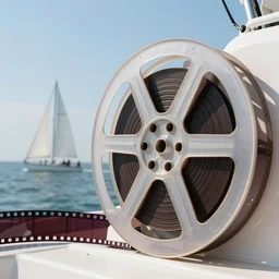 a modern color film strip reel of a boat sailing from left to right