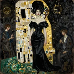 highly detailed oil painting | very intricate | cinematic lighting | black, white and gold color scheme, dark background | a woman in black dress | by roberto ferri, by gustav moreau, by singer sargent and klimt, american romanticism, occult art | by austin osman spare, artstation, cgsociety, official art, octane