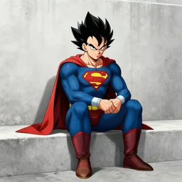 a manga illustration of a superman batman hybrid, with vegeta head hair, siting on a concrete throne, one hand resting on chin, by ashley wood, yoji shinkawa, yoh yoshinari, black and white only