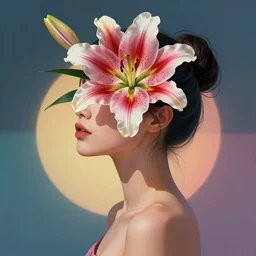 photo of a girl with a lily flower instead of her head in vibrant lighting, elegant, highly detailed, smooth, sharp focus, illustration, beautiful, geometric, trending on artstation, cinematic, artwork by WLOP