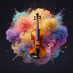 a violin exploding into colorful clouds