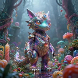 iridescent cyber animal creature in candy jungle, raining, foggy, moody, : : dan mcpharlin daniel merrian : : ornate, dynamic, particulate, rich colors, intricate, elegant, highly detailed, centered, artstation, smooth, sharp focus, octane render, 3 d