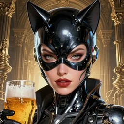 the face of beautiful, grand, soft, polished, enticing cybernetic catwoman madison beer | an ultrafine hyperrealistic illustration by artgerm and mucha and beeple : : intricate linework, final fantasy, unreal 5, octane render, global illumination, radiant light, intricate environment