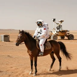 a photo of an astronaut riding a horse on mars, rover on the background