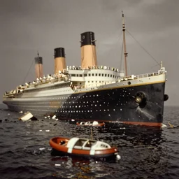 rare photograph of the titanic sinking into the water, half submerged, edwardian photo, historic, debris and life boats in the water, shot from afar, very grainy, blurry, damaged, dramatic, tragic, night - time, 1 9 0 0, 1 9 1 0 s