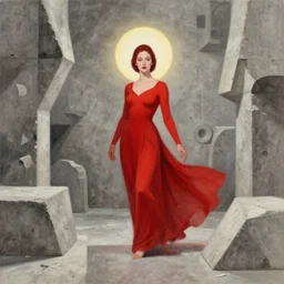 a traditional scarlet woman coming back to life in the modern world, haloed, abstract, concrete, varying angles, varying art styles