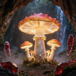 a beautiful and stunning professional digital artwork of a glowing mushroom cave, haze, spores floating in the air, ruby geodes, waterfall, volumetric lighting, hyperrealistic, rtx on, ultra detail