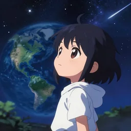 anime portrait of earth - chan!!! looking far away on space, shooting stars!!! art station, ( ( ( blurred, highly detailed, chibi ) ) ), illustration, cinematic!!!