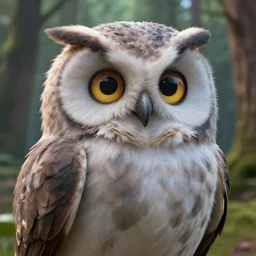 cinematic, anthropomorphic owl character, fluffy puffy feathers, made in 3 d, funny facial features, forrest background, by brian froud and dark crystal realistic detailed hyperrealistic, depth of field, sharp focus,