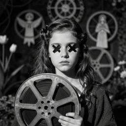 a haunting image of a young starlet with x's over her eyes from a lost silent film, garden visible in background, occult symbolism, black and white, film reel