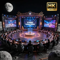 Video game tournament on the Moon. Cinematic, Award winning, ultra high resolution, intricate details, UHD 8K