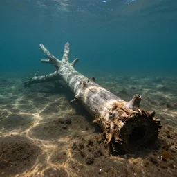 an old submerged tree trunk laying on the bottom of a lake, muddy bottom, underwater volymetric light and caustics, highly detailed, trending on artstation, 4k