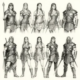 detailed pencil spot illustrations of various character concepts from the xena warrior princess and ancient viking culture crossover, various poses, by burne hogarth, by bridgeman, by anthony ryder, by yoshitaka amano, by ruan jia, by conrad roset, by mucha, cgsociety, artstation.