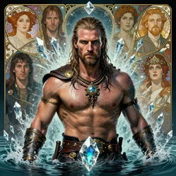 portrait of a steampunk viking man, drenched body, wet dripping hair, emerging from the water, fantasy, regal, fractal crystal, fractal gems, by stanley artgerm lau, greg rutkowski, thomas kindkade, alphonse mucha, loish, norman rockwell.
