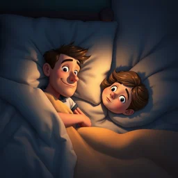 a father laying in bed, scared of his daughter coming in, by pixar, high detailed