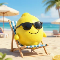 an amazing award winning photo of a huge smiling lemon with sunglasses sitting in a beach chair on a beautiful beach resort, masterpiece, very detailed