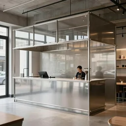 interior design of cafe reception, modern, steel and glass, mies van der rohe, very detailed