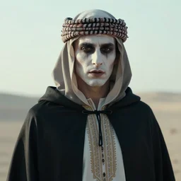 eric zemmour with a cape in djellaba, pale make up, cinematic shot, close shot, natural light, eerie, mysterious