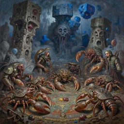 fine art oil painting varied muck jeweled, filthy rugated armored crustaceans clawing & terrified as massive brutalist structures, claustrophobic cilia sporing pox, blocky blue chunks evil fog, final battle removal, clustered horror, by virgil finlay, vincente b ballestar, by francesco blanc, geof darrow, bisley, b