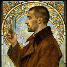 beautiful and detailed portrait of gaunter o'dimm, master mirror, profile view, side view, arab man, 5 0 years old, brown coat, buzzcut, stubble, stained glass art, by alphone mucha, very masterful