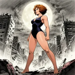 , thicc scarlett johansson afro samurai anime style, full body profile, dynamic wide angle lens, manga style, greg rutkowski, pencil and ink, full moon lighting, fully clothed swim suite, in a post apocalyptic city