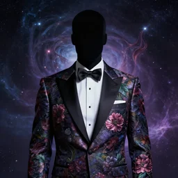 A faceless man in a tuxedo with a flower pattern, beautiful fantasy portrait, highly detailed, cosmic horror, concept art, 4K, HDR, trending on ArtStation