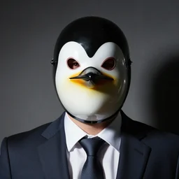 Photo of a man in a suit wearing a latex mask of a penguin, dramatic lighting