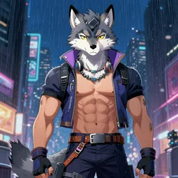 character portrait of a male muscular anthro wolf fursona with a tail and a cute beautiful attractive detailed furry face wearing stylish cyberpunk clothes in a cyberpunk city at night while it rains. color page, tankoban, 4K, tone mapping. Nomax, Kenket, Rukis.