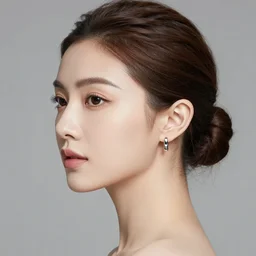 beautiful woman with brown hair in a bun, pretty silver earring, wearing an elegant dress, in the style of greg rutkowski, anime artstyle, intricate, sharp colors