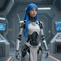 concept art of beautiful futuristic himba girl with robotic arms and blue hair in a space station, hyperrealistic, sci - fi