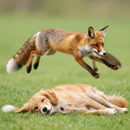 fox jumping over a lazy golden retriever