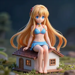 a giant macro very beautiful young yuuki asuna sitting on a micro house, full body, long wavy hair, sky blue eyes, full round face, bikini, miniskirt,, cinematic wallpaper by stanley artgerm lau
