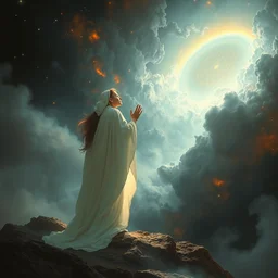 in flowing white robes she watches as the universe is born, saturated nebulas, misty, dramatic lighting, bright arc of light, radiant light, stars, intricate, hyper detailed, beautiful concept art by greg rutkowski, artgerm, ruan jia, norman rockwell, caravaggio, alphonse mucha, frazetta