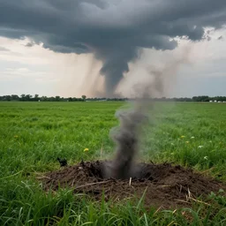 a tornado on the ground on a green landscape