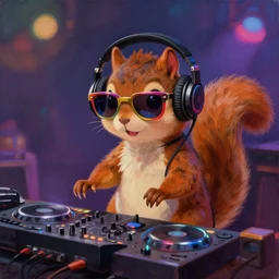 an anthropomorphic squirrel dj wearing headphones and colored sunglasses, stadning at a dj table playing techno music, bokeh, at a club, concept art, digital art, oil painting, character design by charlie bowater, ross tran, artgerm, makoto shinkai, wlop