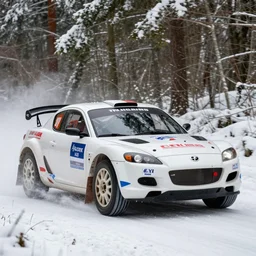 a 2 0 1 1 mazda rx - 8 r 3, racing through a rally stage in a snowy forest