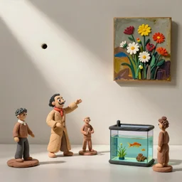 plasticine sculpture stop motion. salvador dali clay models. gallery paintings of flowers. figures clay. minimal. tilt shift. fish tank. visitors. photorealistic. john craxton. small hole in wall